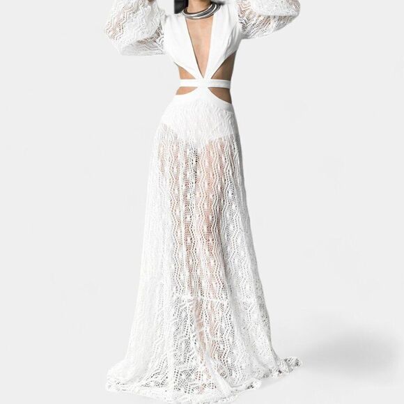White Long Sleeve Sheer Lace Cutout VNeck Flowy A-Line Flared Maxi Dress Size S - Picture 1 of 7